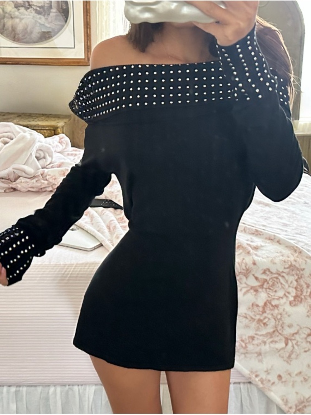 Vintage Studded Off-Shoulder Black Mini Dress